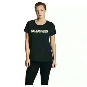 Champion Womens Get Happy Logo T-Shirt Black Size XS New Whit Tags